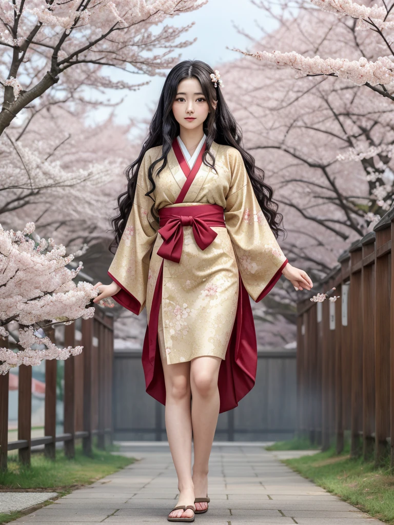 A highly detailed and vibrant full-body image of an adult Japanese anime female character. She has long, flowing black hair with soft waves, and her expressive, large brown eyes are full of emotion. She is wearing a traditional yet modern kimono with intricate patterns in shades of deep red and gold, and the fabric flows elegantly around her. The character is depicted from head to toe, with no cuts, showing her full figure. The background is a beautiful blend of cherry blossoms in full bloom, with soft petals falling around her, giving the scene a serene and magical atmosphere. The art style is typical of high-quality Japanese anime, with fine linework and vivid colors.