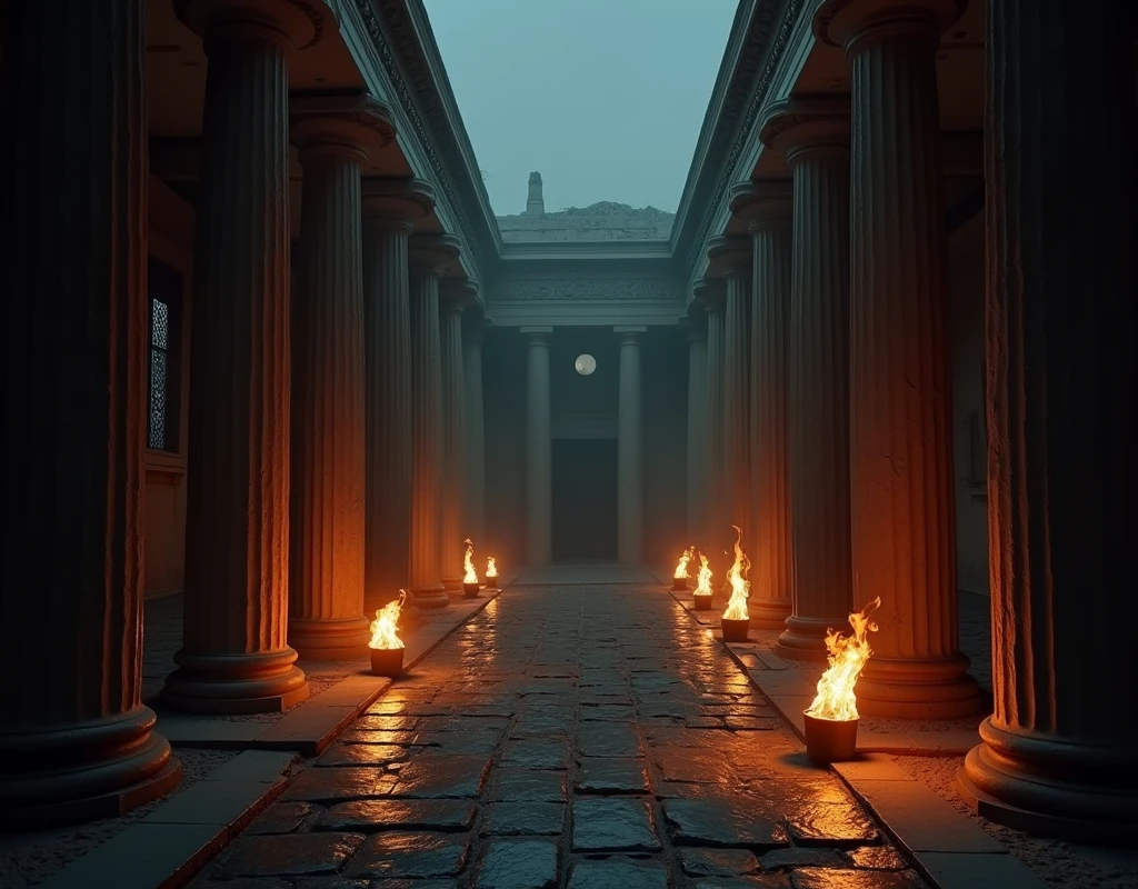 Inside a big dark scary gloomy scary Greek Temple with fire torches