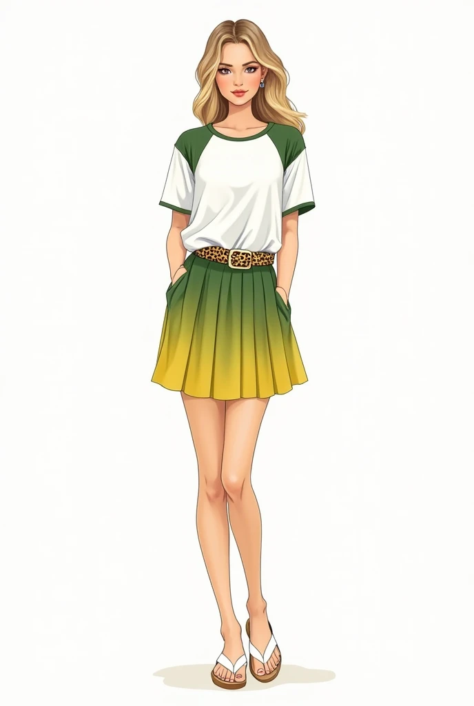female sketch. white baby tee blouse with matcha green details on the shoulders and sleeves. Short pleated skirt in matcha green with yellow gradient. belt with leopard print and white flip-flops on her feet.