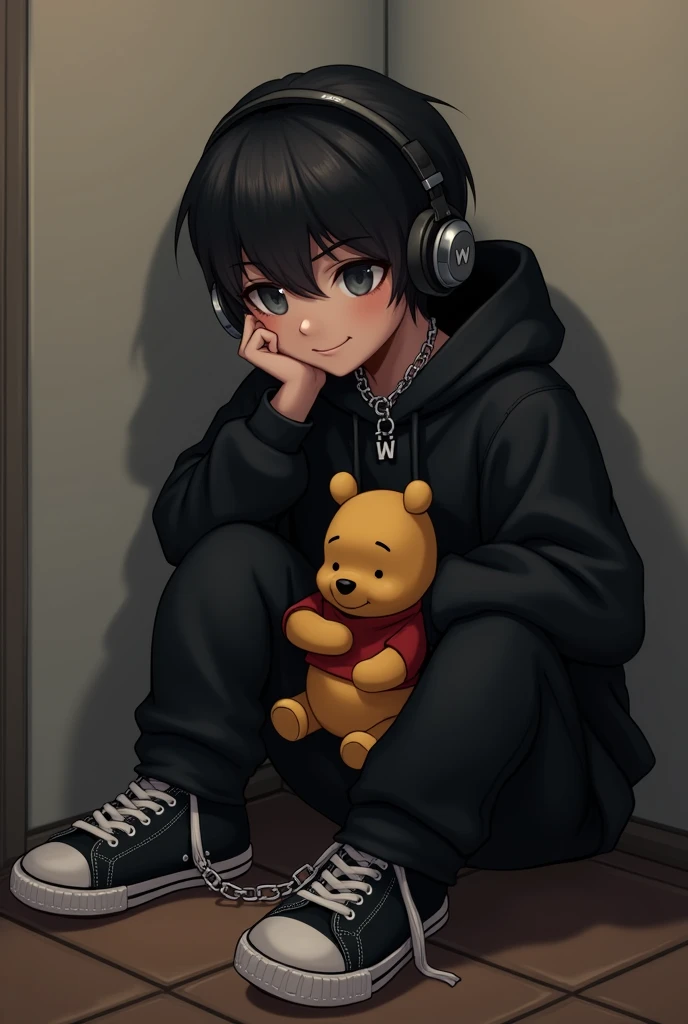 I want a boy dressed in black clothes black hooded sweatshirt he is sitting in a corner listening to music with his small Winnie the Pooh doll he has the boy has straight black hair and his sneakers have a chain with the initial w the boy is happy