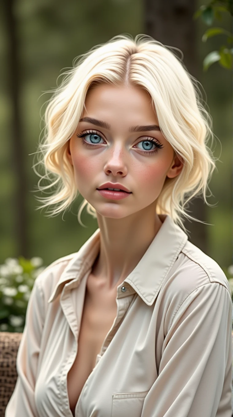 Arafed Woman Completely , Sexy girl with blue eyes, ultra realistic, Meticulously detailed, Portrait Sophie Mudd, blonde hair and big eyes, selfie of a young woman, Bedroom eyes, Violet Myers, without makeup, Natural makeup, looking directly at the camera, cara con artgram, subtle makeup, Stunning full body photo kneeling on bed., in the bedroom, Medium to large bust