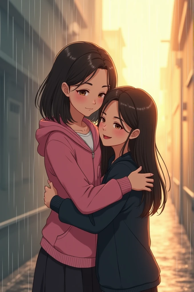 Draw a picture of a tall girl, white, medium brown hair with a rainy background (while she smiles) hugging next to a girl a little shorter than her, Chinesa, medium-long straight black hair, with a sunny background. The clothes of the sunny background are black and the clothes of the rainy background are pink.. Both of their eyes are dark brown. 