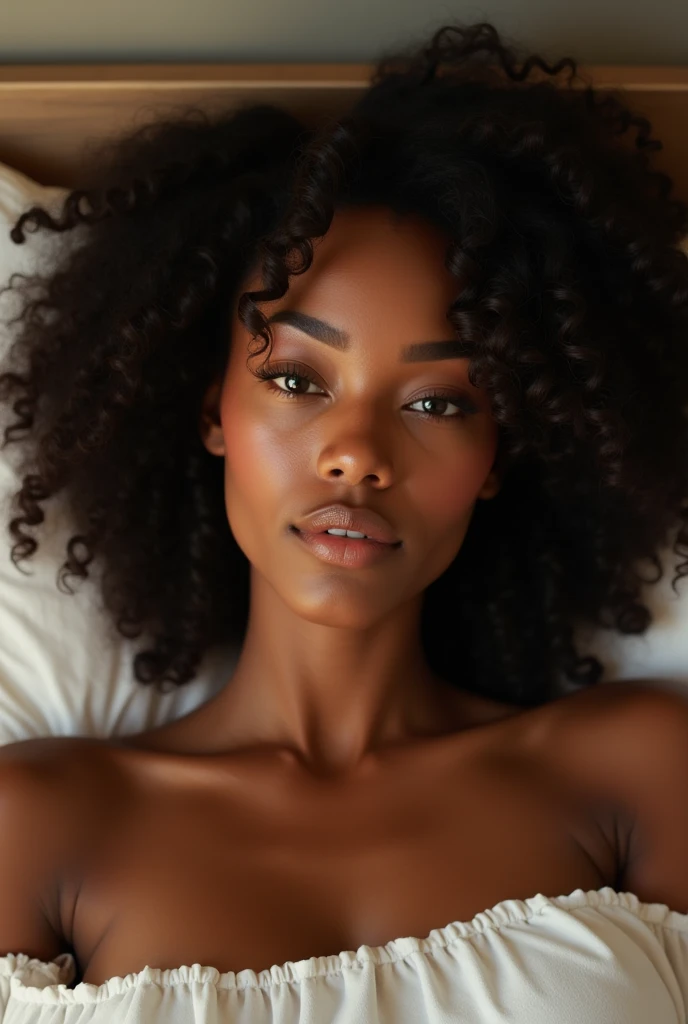 there is a black woman , the woman has curly black , she has brown skin, with dark brownish skin, with long curly, long black curly hydrated bouncy loose curls hair she is taking a selfie after she has just woken up in her bed