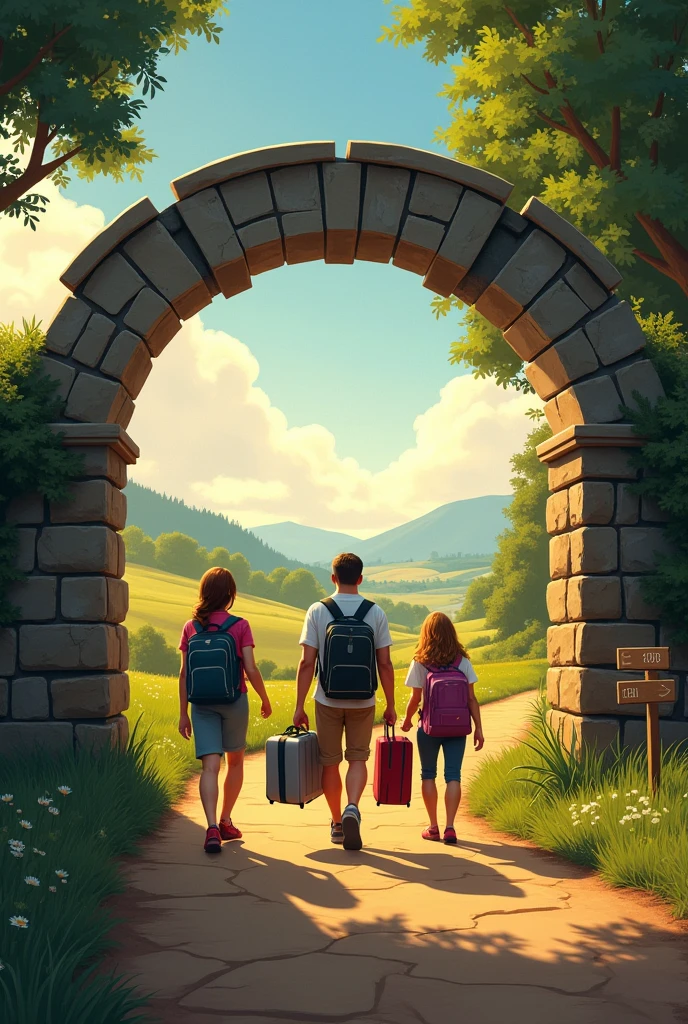 A farm with a lighted path along which a group of adults walk with backpacks on their shoulders and suitcases. On the path there is an empty wooden sign. The group of people are crossing a stone arch with engraved dates 1999 - 2024.