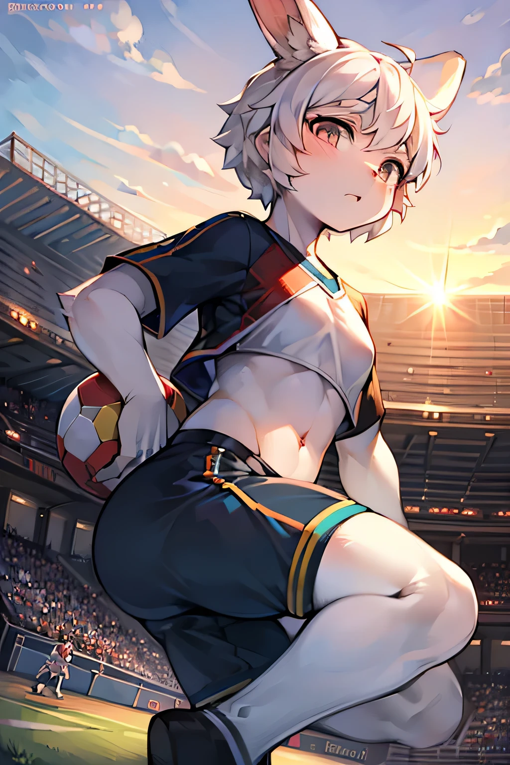 masterpiece,best quality,super detailed,super fine illustration,8k,(fullface brasched:1.3),masterpiece,best quality,dynamic angle,detailed background,BREAK perfect face,perfect legs,perfect hands,BREAK (sports uniform:1.2),(sports pants:1.2),BREAK soccer player BREAK soccer field,soccer stadium,sunset,detailed background,beautiful background,BREAK she is playing soccer.BREAK (white rabbit years:1.2),rabbit girl,short hair,girl,Small breasts,white hair,Serious expression,BREAK ボールを蹴る