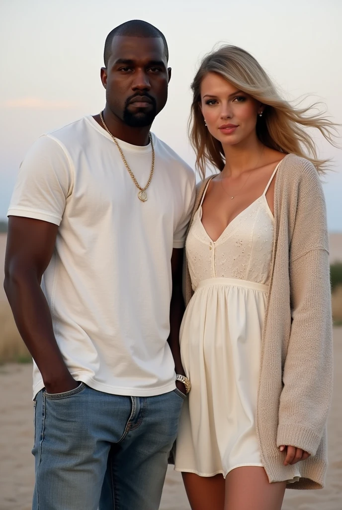 Kanye West taking a picture next to Taylor Swift in normal clothes