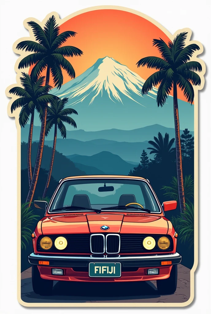 BMW classic car, mount fiji background, palm trees, 5 layers colors, sticker design