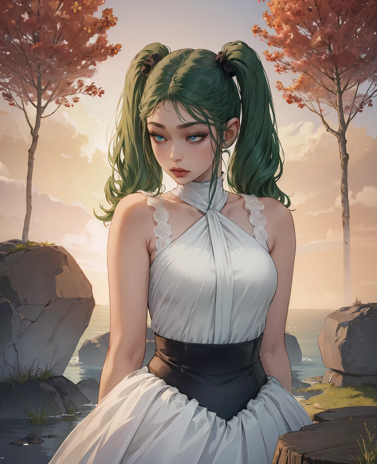 The innocence, dark green hair, twintails, arms behind back, white dress, black waist tie, a girl,blue eyes,