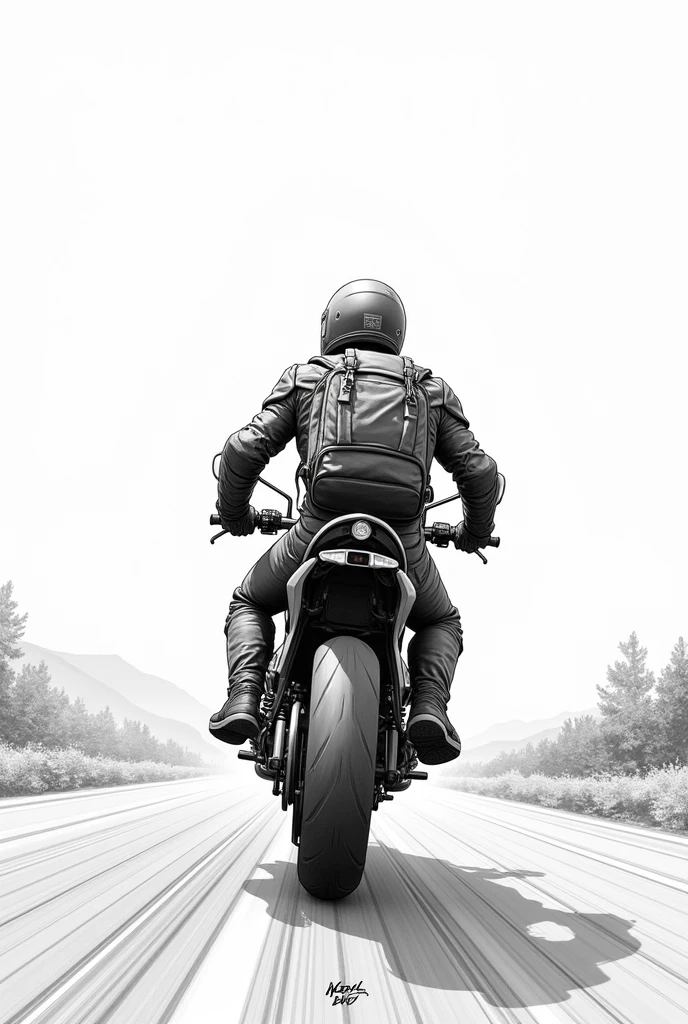 Drawing of a motorcyclist on a motorcycle from behind with a backpack
