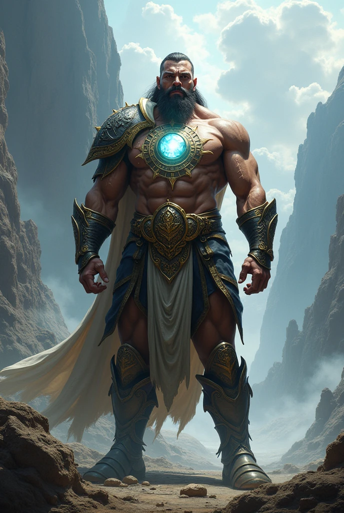 A strong male warrior with a large crystal on his chest