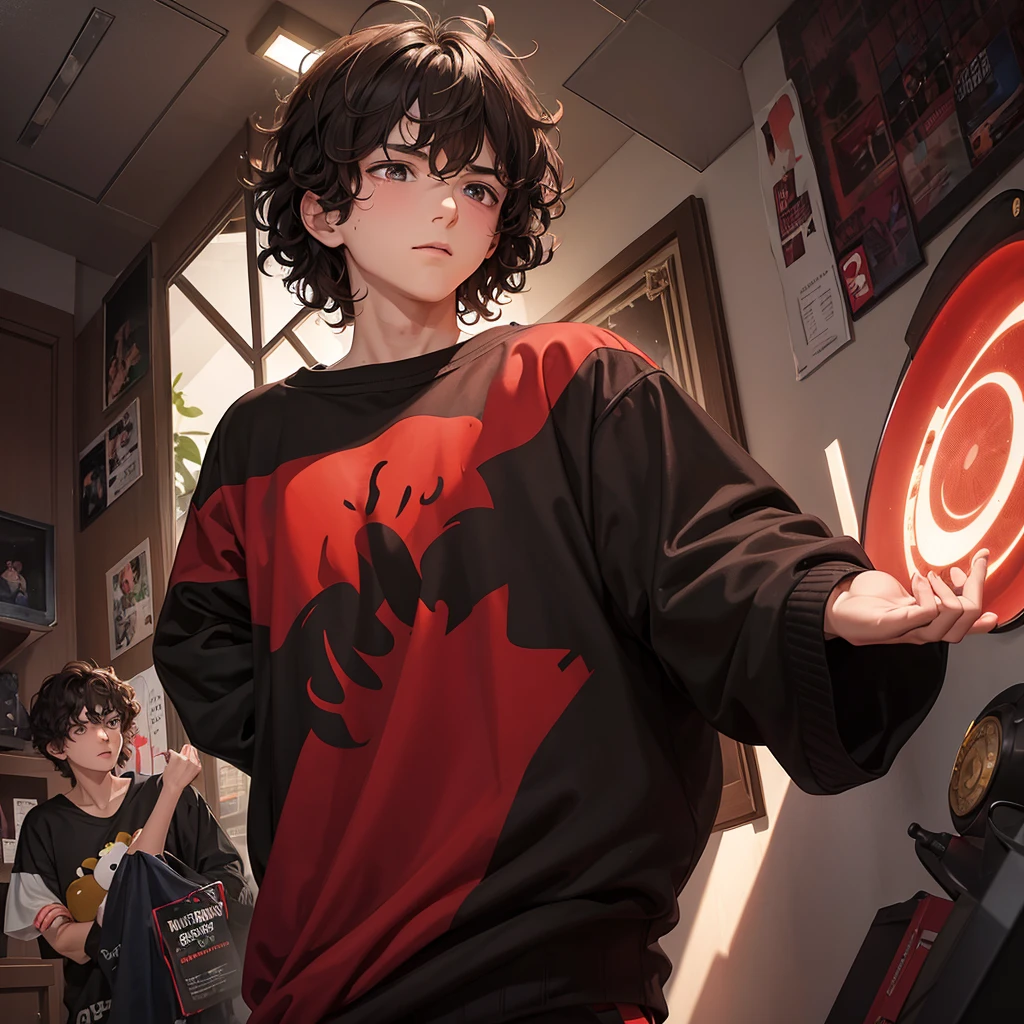 A teenage boy with very curly brown hair with one brown eye and the other red with black rays and magic around him dressed in a black sweatshirt and sweatpants