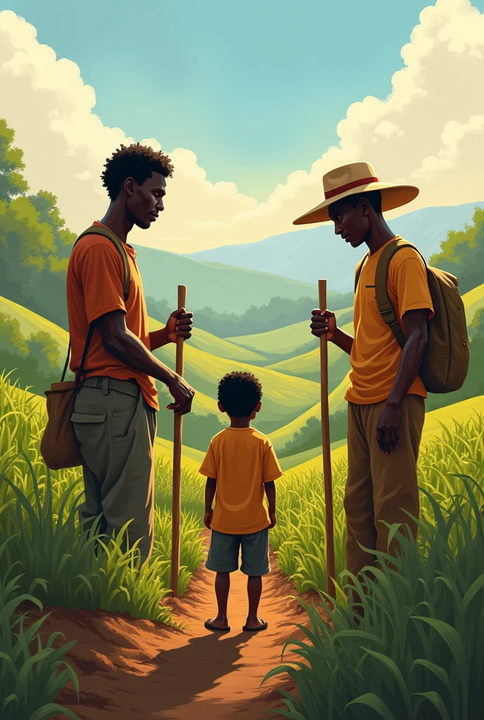 African parents working in farmer heir young boy standing seeing them