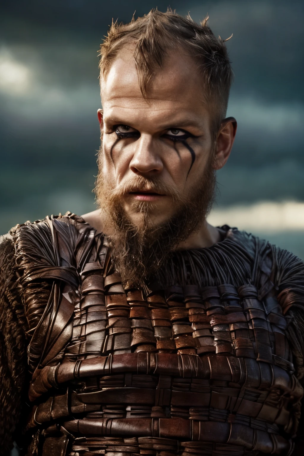 Hyper realistic, ultra detailed, ((cinematic poster)) of Floki a viking warrior, ((old man, 50 years old, skinny, black makeup on eyes, beard)) , ultra realistic, skin texture, cinematic lighting. (((Cinematic thunder background))) .