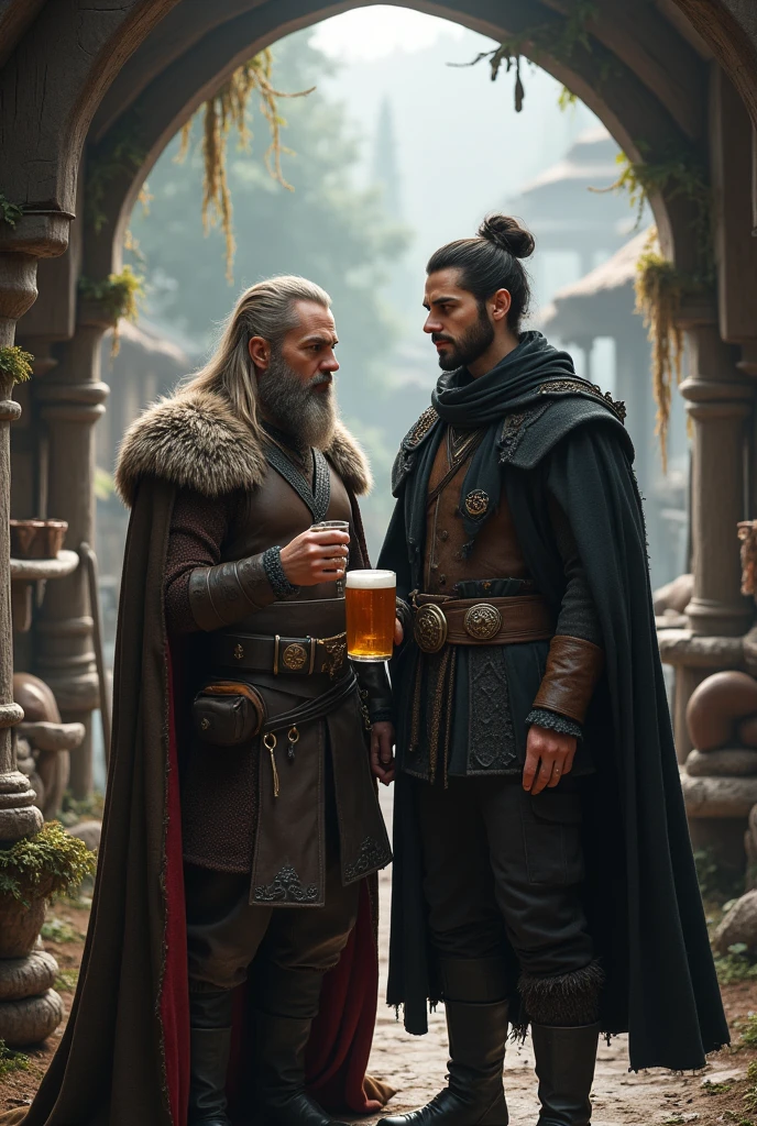 Dwarf prince in Viking clothes with an animal cape drinking a horn of beer with a tall elf Mr Darcy in black clothes.