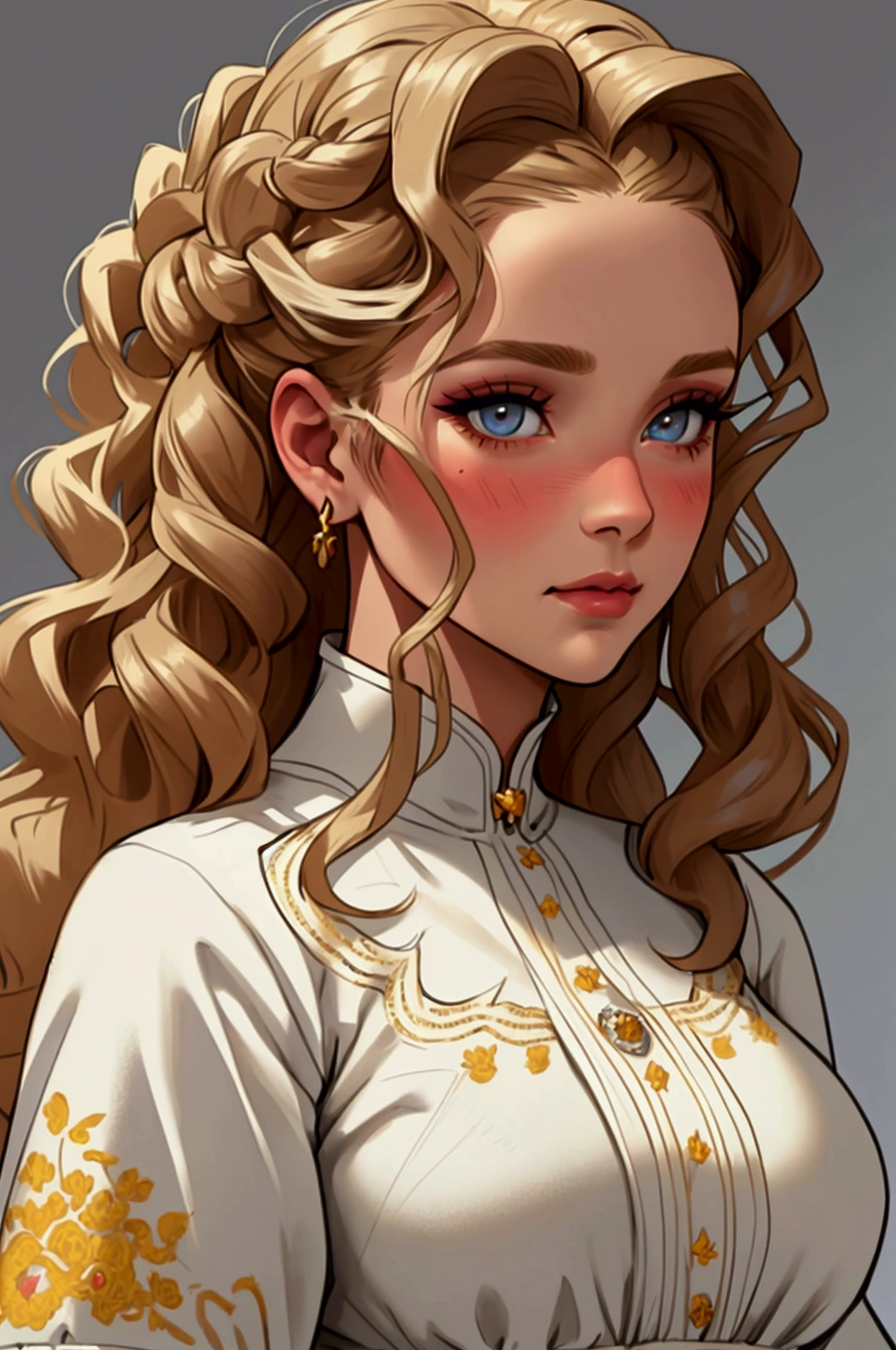 Little woman,Hyperrealistic, with jet brown hair, blonde highlights, curly hair, Curly Method, two-tone hair with black roots. With white Nordic European skin, she has a heart-shaped face with high cheekbones and a delicate jaw. Her eyes are honey-colored and her lips are full and slightly parted. She wears an elegant medieval nobility maiden dress with an orange embroidered horse logo and the dress is white with yellow. Her makeup is natural and understated, with a hint of blush on her cheeks and light brown eyeshadow on her lids.19 years old,Boluctuous woman,Kingdom of Riverlands