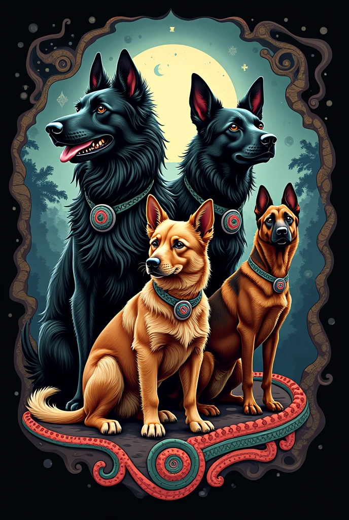 A picture of 1 male black cocker spaniel, 1 female German Shepherd, 1 small brown cocker spaniel, 1 female doberman, Make it like pre-Hispanic Mictlan For tattoo