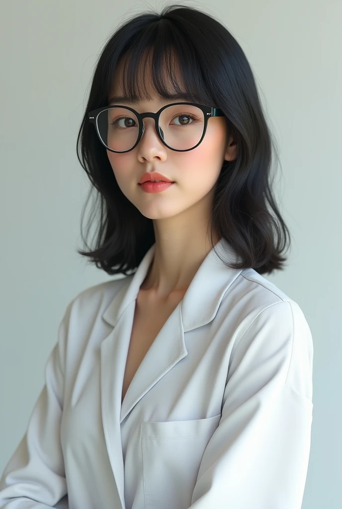 generate a white girl with black hair, with bangs, glasses, short, medium breast and medium ass. a full body photo, and I want her without any clothes 
