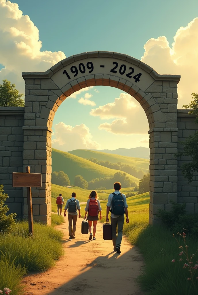 A farm with a lighted path along which a group of adults walk with backpacks on their shoulders and suitcases. On the path there is an empty wooden sign. The group of people are crossing a stone arch with engraved dates 1999 - 2024. 