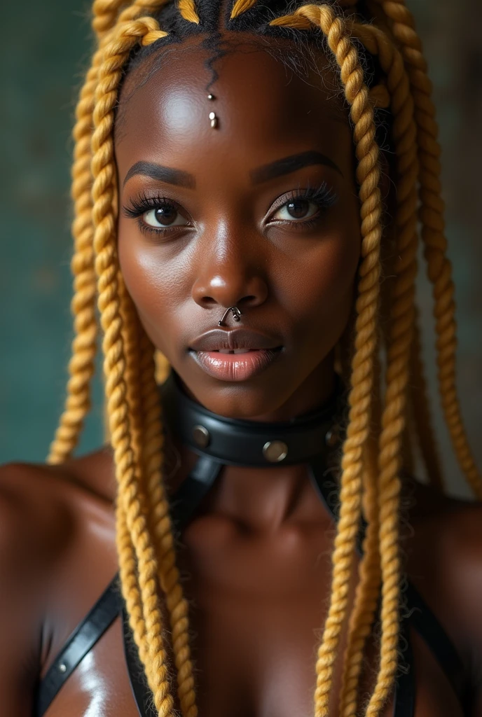 nigerian woman, young, naked, blond african braids, septum piercing, face tatoos, dimples, thick belt around neck, naughty expression, shiny latex bodysuit, close-up, UHD, retina, masterpiece, accurate, anatomically correct, textured skin, super detail, high details, high quality, award winning, best quality, highres
