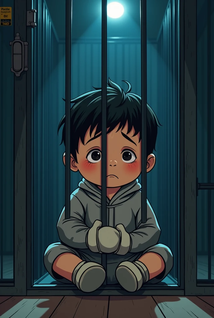 Cinematic cartoon style. comic art. TME0224 face, sad expression, (((a baby boy, 4 year old))) in a funny night (((wearing a baggy onesie with hands in mittens))), (((inside a tiny closed cage behind bars, sitting with the legs sticking out))). cinematic lighting, drop shadow, masterpiece, UHD, anatomically correct, textured skin, super detail, high details, high quality, best quality, 4K, full body, sitting with the legs sticking out of the bars