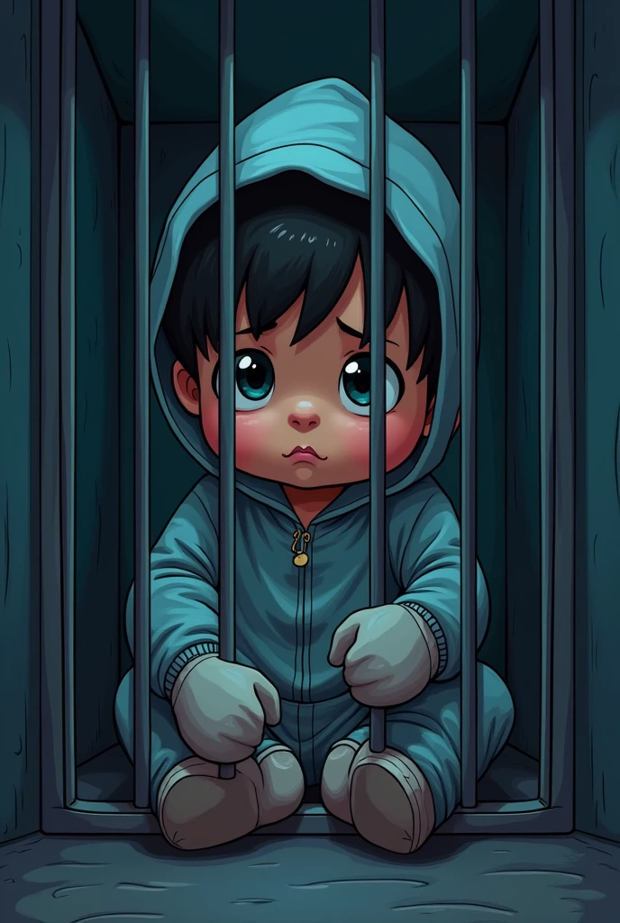 Cinematic cartoon style. comic art. TME0224 face, sad expression, (((a baby boy, 4 year old))) in a funny night (((wearing a baggy onesie with hands in mittens))), (((inside a tiny closed cage behind bars, sitting with the legs sticking out))). cinematic lighting, drop shadow, masterpiece, UHD, anatomically correct, textured skin, super detail, high details, high quality, best quality, 4K, full body, sitting with the legs sticking out of the bars