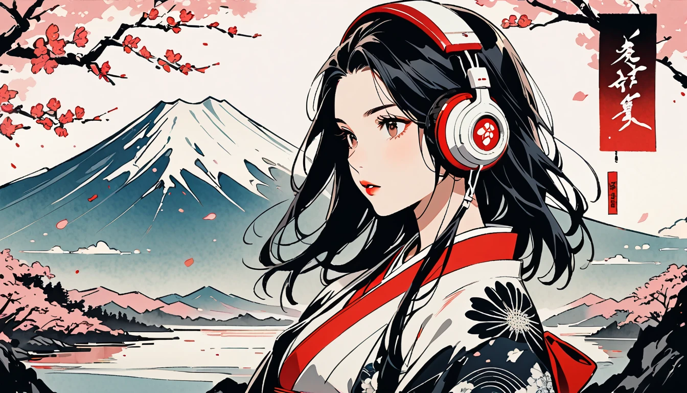 Ink Painting, (((1 girl))), Japanese style headphones, Beautiful female samurai, Black Hair, Delicate and precise, Modern ukiyo-e style, cherry blossoms, Fuji Mountain