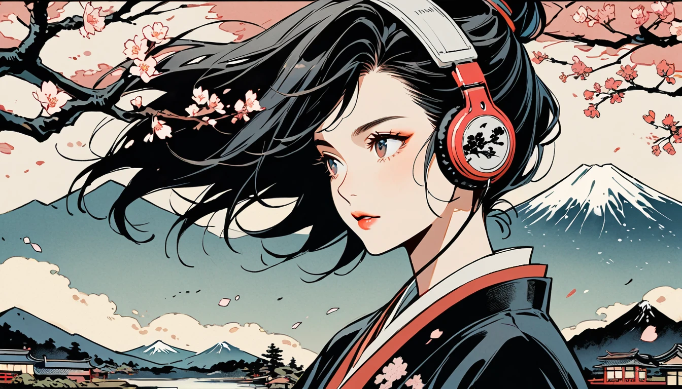 Ink Painting, (((1 girl))), Japanese style headphones, Beautiful female samurai, Black Hair, Delicate and precise, Modern ukiyo-e style, cherry blossoms, Fuji Mountain