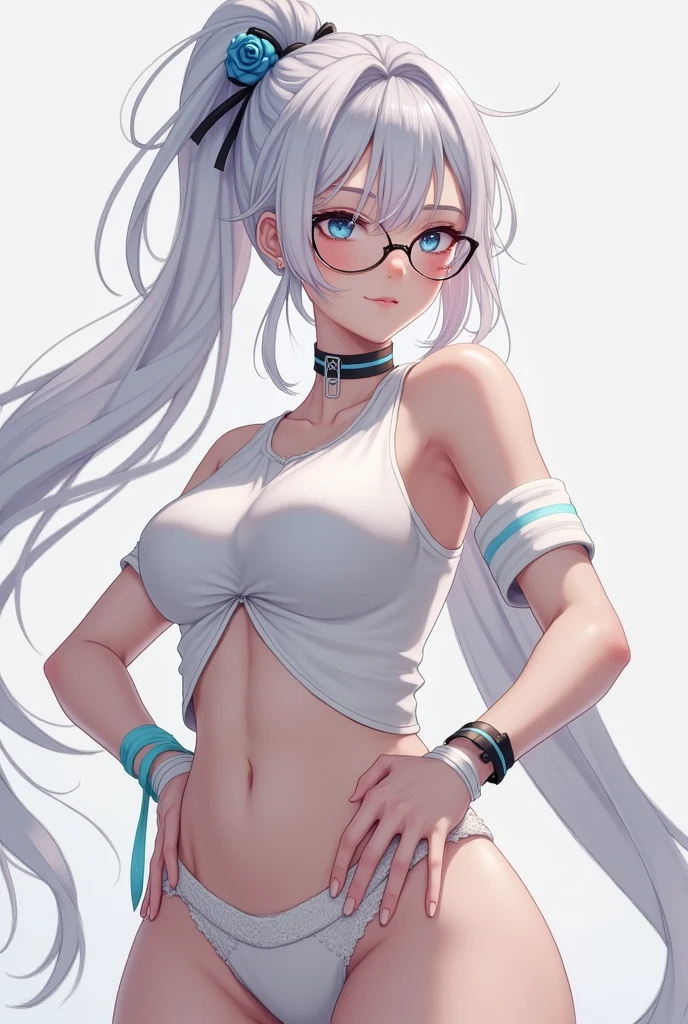 a white hair、Close-up of Miss wearing white mask, Beautiful character painting, Guweiz, Gurwitz-style artwork, White-haired god, author：Yang Jie, Epic and beautiful character art, Stunning character art, author：Fan Qi, by Wuzhun Shifan, pixiv Art Street Guviz, Single ponytail, insult, High Ponytail, Tall and big, Long legs, (sleeveless lace shirt), (shorts), (Striped )), ((Striped )), Walk, elegant, dignified, Miss, Beautiful curves, sweet smile, Strong sense of detail and layering, colour丰富绚丽, Has a unique texture, rich and colourful, colour, vivid, Design Art, 16K, Super detailed, {{illustration}}, {Extremely refined}, {Exquisite surface treatment}, Super detailed, Delicate and shining eyes, {{Light}}, Ultimate light effect, model: Realism, CFG size: 12, Laura: Bright texture (1.35), high quality, masterpiece, Exquisite facial features, Delicate hair depiction, Detailed depiction of the eyes, masterpiece, best quality, Light line tracing, Extremely detailed CG unified 8k wallpaper, masterpiece, best quality, (1 girl), Perfect Miss Body, (((tight white t shirt))), beautiful eyes, (Delicate face), Black short hair, Tie your hair up, Light blue hairpin, Black silk frame glasses, in class, (White skin), (Optimal Lighting), (Super intricate details), 4k unity, (Super detailed CG), Showing off her white legs, , Hot Pants, shorts,Sexy Long Legs, Thin waist, Sweat is running down my waist, Showing belly, Extremely detailed depiction, Pink Hair, Asymmetrical bangs, Transparent clothes, Hands on thighs, Move your eyes away, 8k resolution, Raise an eyebrow, shiny hair, Flower head, Wristbands, bandage，Leather sexy pose, simple grey background, Climbing towards the audience, Kitten pose, On all fours,
