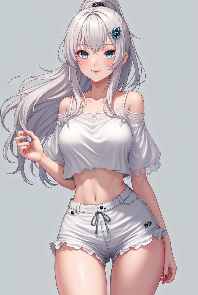 a white hair、Close-up of Miss wearing white mask, Beautiful character painting, Guweiz, Gurwitz-style artwork, White-haired god, author：Yang Jie, Epic and beautiful character art, Stunning character art, author：Fan Qi, by Wuzhun Shifan, pixiv Art Street Guviz, Single ponytail, insult, High Ponytail, Tall and big, Long legs, (sleeveless lace shirt), (shorts), (Striped )), ((Striped )), Walk, elegant, dignified, Miss, Beautiful curves, sweet smile, Strong sense of detail and layering, colour丰富绚丽, Has a unique texture, rich and colourful, colour, vivid, Design Art, 16K, Super detailed, {{illustration}}, {Extremely refined}, {Exquisite surface treatment}, Super detailed, Delicate and shining eyes, {{Light}}, Ultimate light effect, model: Realism, CFG size: 12, Laura: Bright texture (1.35), high quality, masterpiece, Exquisite facial features, Delicate hair depiction, Detailed depiction of the eyes, masterpiece, best quality, Light line tracing, Extremely detailed CG unified 8k wallpaper, masterpiece, best quality, (1 girl), Perfect Miss Body, (((tight white t shirt))), beautiful eyes, (Delicate face), Black short hair, Tie your hair up, Light blue hairpin, Black silk frame glasses, in class, (White skin), (Optimal Lighting), (Super intricate details), 4k unity, (Super detailed CG), Showing off her white legs, , Hot Pants, shorts,Sexy Long Legs, Thin waist, Sweat is running down my waist, Showing belly, Extremely detailed depiction, Pink Hair, Asymmetrical bangs, Transparent clothes, Hands on thighs, Move your eyes away, 8k resolution, Raise an eyebrow, shiny hair, Flower head, Wristbands, bandage，Leather sexy pose, simple grey background, Climbing towards the audience, Kitten pose, On all fours,