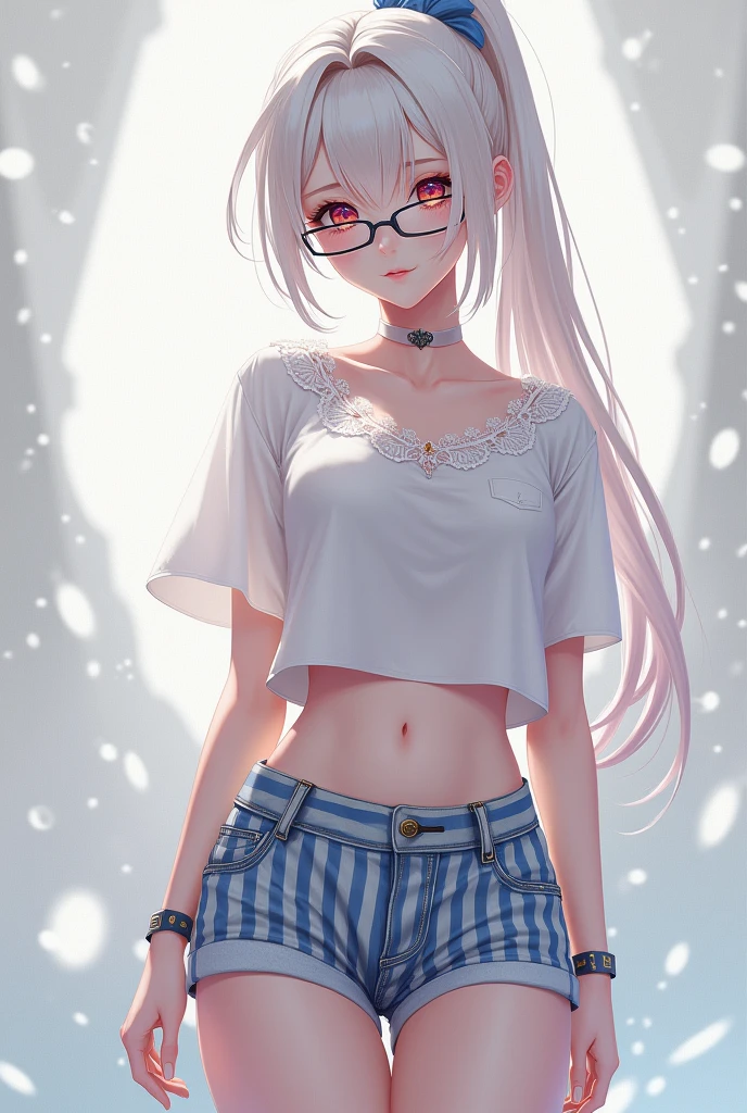 a white hair、Close-up of Miss wearing white mask, Beautiful character painting, Guweiz, Gurwitz-style artwork, White-haired god, author：Yang Jie, Epic and beautiful character art, Stunning character art, author：Fan Qi, by Wuzhun Shifan, pixiv Art Street Guviz, Single ponytail, insult, High Ponytail, Tall and big, Long legs, (sleeveless lace shirt), (shorts), (Striped )), ((Striped )), Walk, elegant, dignified, Miss, Beautiful curves, sweet smile, Strong sense of detail and layering, colour丰富绚丽, Has a unique texture, rich and colourful, colour, vivid, Design Art, 16K, Super detailed, {{illustration}}, {Extremely refined}, {Exquisite surface treatment}, Super detailed, Delicate and shining eyes, {{Light}}, Ultimate light effect, model: Realism, CFG size: 12, Laura: Bright texture (1.35), high quality, masterpiece, Exquisite facial features, Delicate hair depiction, Detailed depiction of the eyes, masterpiece, best quality, Light line tracing, Extremely detailed CG unified 8k wallpaper, masterpiece, best quality, (1 girl), Perfect Miss Body, (((tight white t shirt))), beautiful eyes, (Delicate face), Black short hair, Tie your hair up, Light blue hairpin, Black silk frame glasses, in class, (White skin), (Optimal Lighting), (Super intricate details), 4k unity, (Super detailed CG), Showing off her white legs, , Hot Pants, shorts,Sexy Long Legs, Thin waist, Sweat is running down my waist, Showing belly, Extremely detailed depiction, Pink Hair, Asymmetrical bangs, Transparent clothes, Hands on thighs, Move your eyes away, 8k resolution, Raise an eyebrow, shiny hair, Flower head, Wristbands, bandage，Leather sexy pose, simple grey background, Climbing towards the audience, Kitten pose, On all fours,