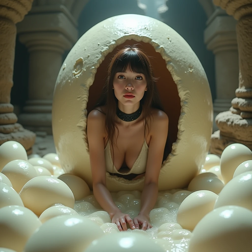 Highest quality, masterpiece, sf, Reptile-human hybrid、美少女アイドルのincubation、Giant reptile eggs lying on the cave floor、A naked beautiful girl crawls out、Beautiful girl on all fours、((incubation))、A beautiful girl crawling out with all her might, ((The body is covered in mucus and is slimy:1.5)), Trying to lift myself up with both hands, Very big boobs, 、Slim face, bangs, Brown Hair, Straight hair, Red lipstick, ancient ruins、birth、(The nipples are hidden by mucus)、The eggs are milky white and shiny., Black choker、Looking at the camera、The face of Japan idol