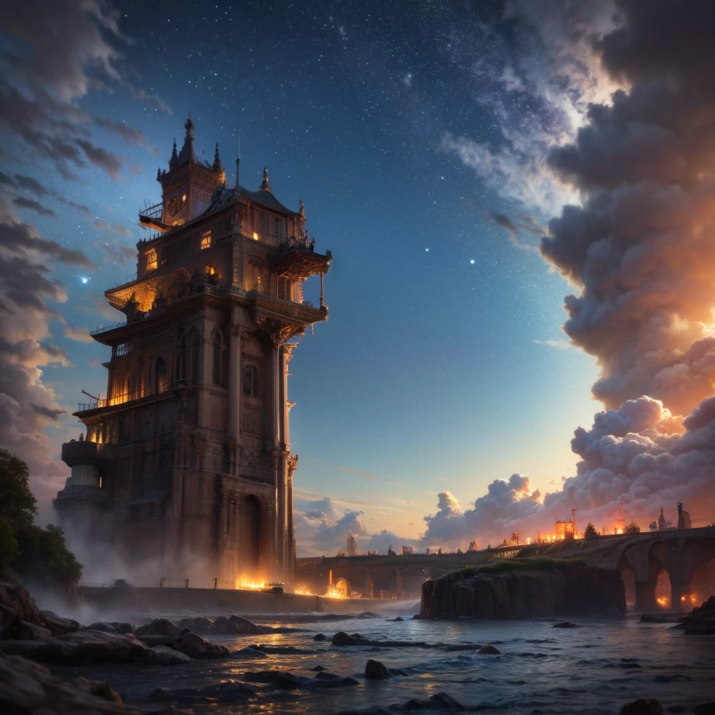 (8k, highest quality, masterpiece, final fantasy style: 1.2), (unRealistic, photoRealistic: 1.37), Dreamy landscape, Fantasy, Unsurreal landscapes, Super detailed, Flying Castle, Floating Island in the Sky, Seven-colored swirl of light, Intense lightning, nebulas, Complex Light, Colored light, Large Lake, Starry sky reflected on the lake surface, Countless shining stars, Meteors, Reflections , (A pillar of light emanated from the ground:1,2), roses and orchids gardens , sunset, pink clouds, waterfalls in the sky, realistic style, Hyperrealism, hyperrealistic drawing, a flying pirate spaceship floating at the clouds level, burning skyscrapers, cyborgs, timeless realms, stunning princess watching the scenes, , casting spell, healing light magic effect, in a magical lagoon of the fairyland, crystal clear water surface reflections, sharp focus, looking at viewer, (close-up:0.9), (bright white theme:1.2), (bright white tone:1.2), (deep blue tone:1.3),((( realistic, Hyperrealism, vivid colours , landscapes , alien cyborgs , science fiction themes))), fairy and a robot ,