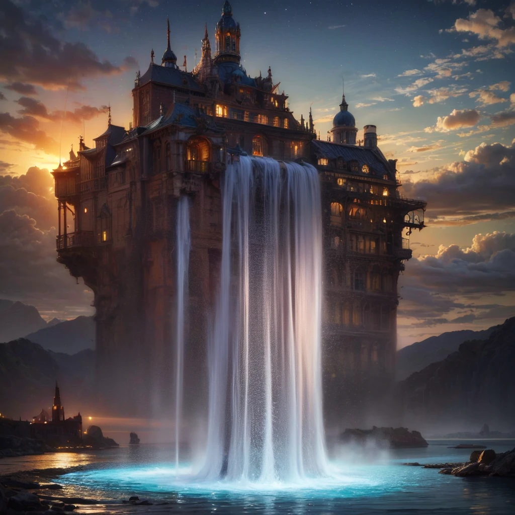 (8k, highest quality, masterpiece, final fantasy style: 1.2), (unRealistic, photoRealistic: 1.37), Dreamy landscape, Fantasy, Unsurreal landscapes, Super detailed, Flying Castle, Floating Island in the Sky, Seven-colored swirl of light, Intense lightning, nebulas, Complex Light, Colored light, Large Lake, Starry sky reflected on the lake surface, Countless shining stars, Meteors, Reflections , (A pillar of light emanated from the ground:1,2), roses and orchids gardens , sunset, pink clouds, waterfalls in the sky, realistic style, Hyperrealism, hyperrealistic drawing, a flying pirate spaceship floating at the clouds level, burning skyscrapers, cyborgs, timeless realms, stunning princess watching the scenes, , casting spell, healing light magic effect, in a magical lagoon of the fairyland, crystal clear water surface reflections, sharp focus, looking at viewer, (close-up:0.9), (bright white theme:1.2), (bright white tone:1.2), (deep blue tone:1.3),((( realistic, Hyperrealism, vivid colours , landscapes , alien cyborgs , science fiction themes))), fairy and a robot ,