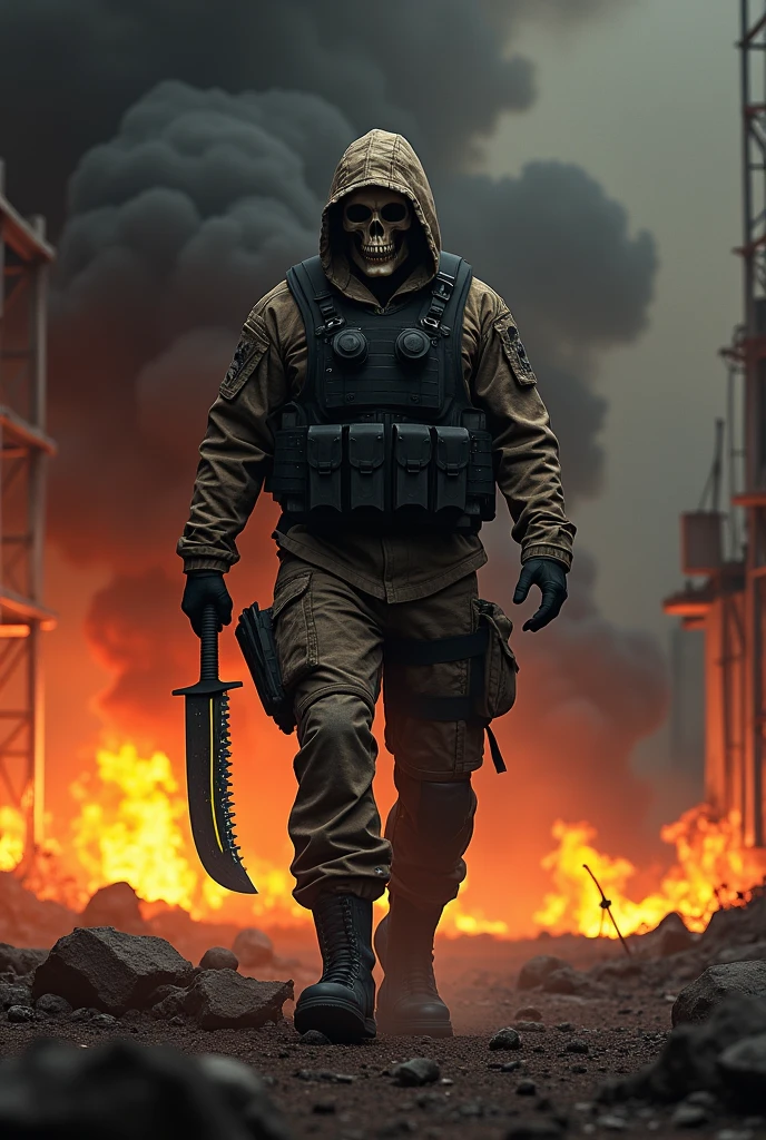 Create an image with a soldier with a skull mask holding a machete with a burnt yellow line and a black background on fire in an apocalyptic area