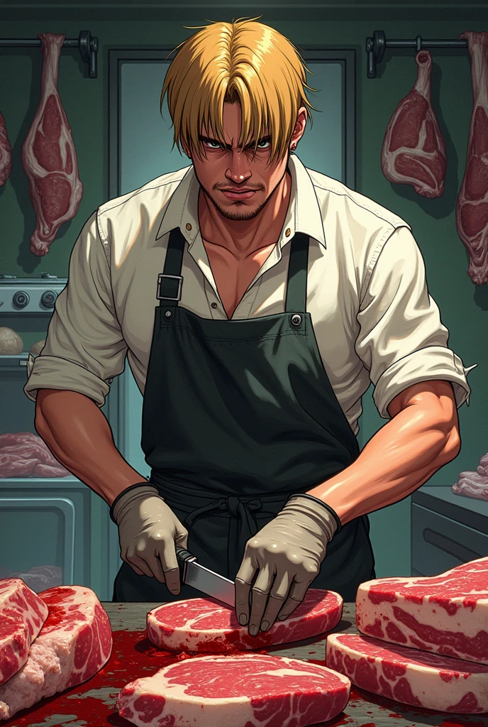 manwha + young man with straight burnt blond hair + Light brown eyes + fleshy lips + butcher's clothes + at the butcher's shop cutting meat at the mini market + Bad face + angry