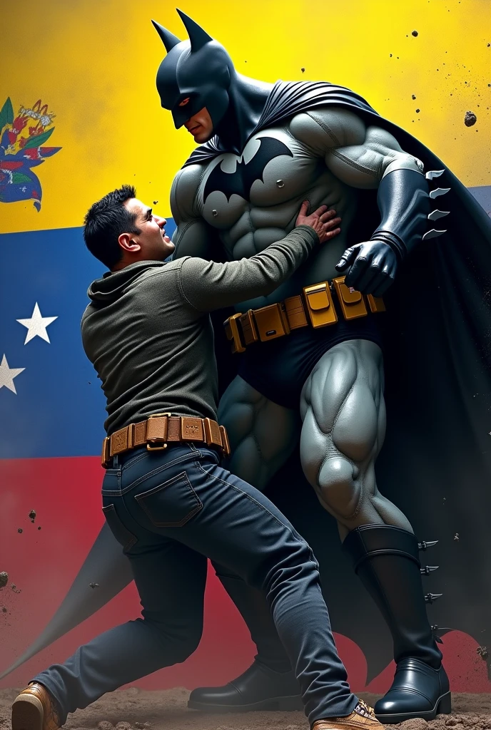 Batman beating up Venezuelan President Nicolas Maduro with the Venezuelan flag belt 