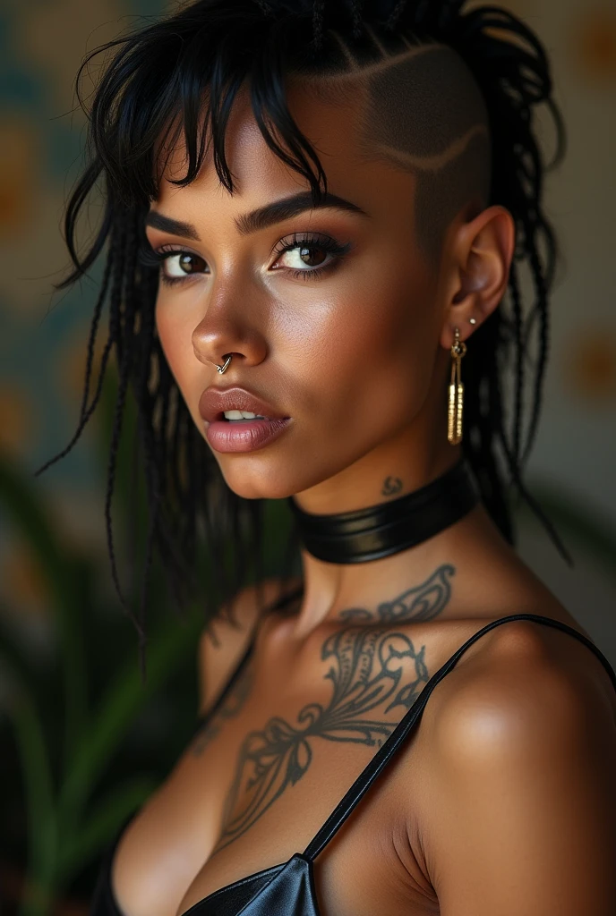 brazilian woman, young, naked, mohawk, septum piercing, face tatoos, dimples, thick belt around neck, naughty expression, shiny latex bodysuit, close-up, UHD, retina, masterpiece, accurate, anatomically correct, textured skin, super detail, high details, high quality, award winning, best quality, highres