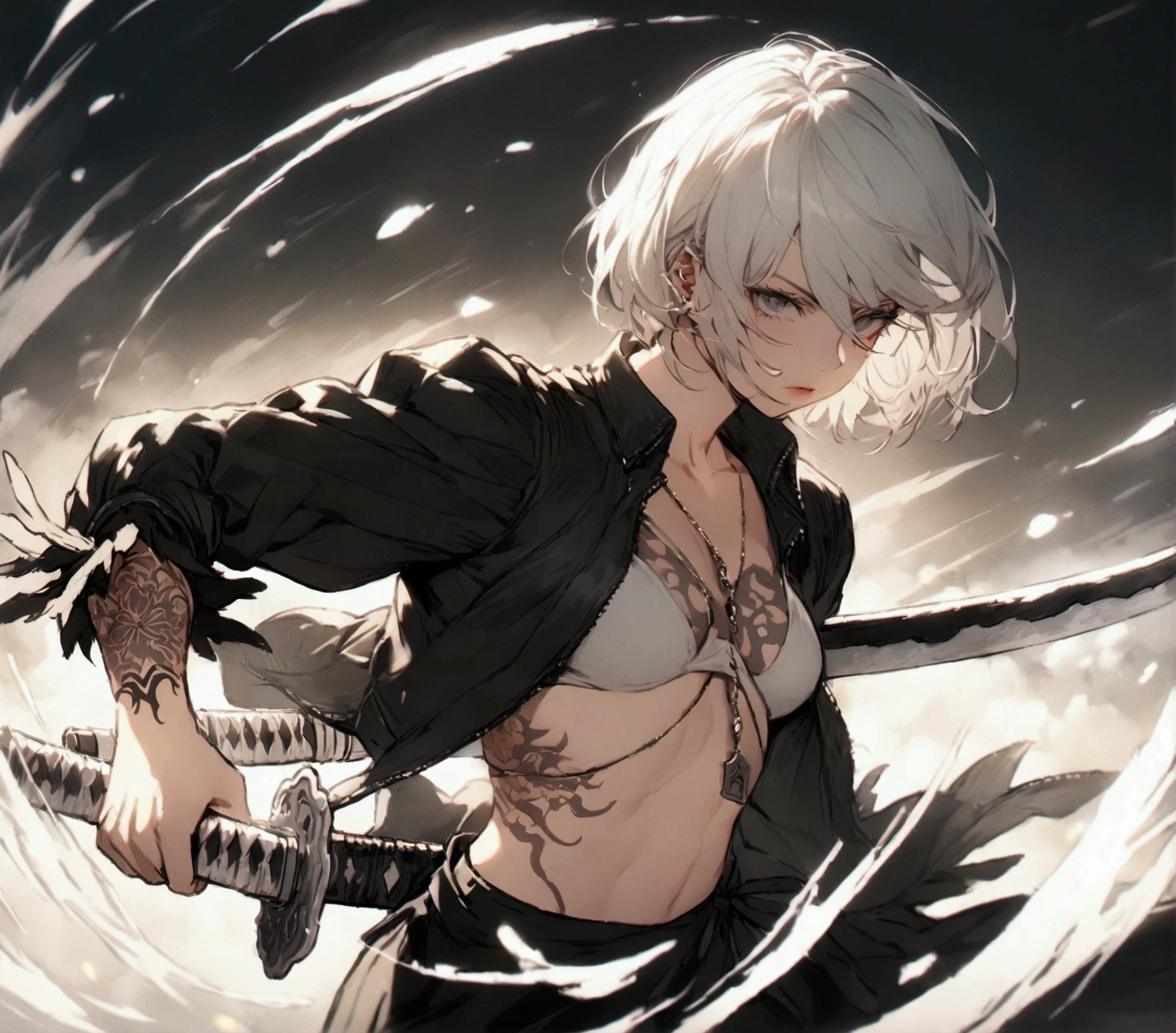 Best Quality,  2B Nier Automata, a mini braga, yakuza tattoos, blading the katana 