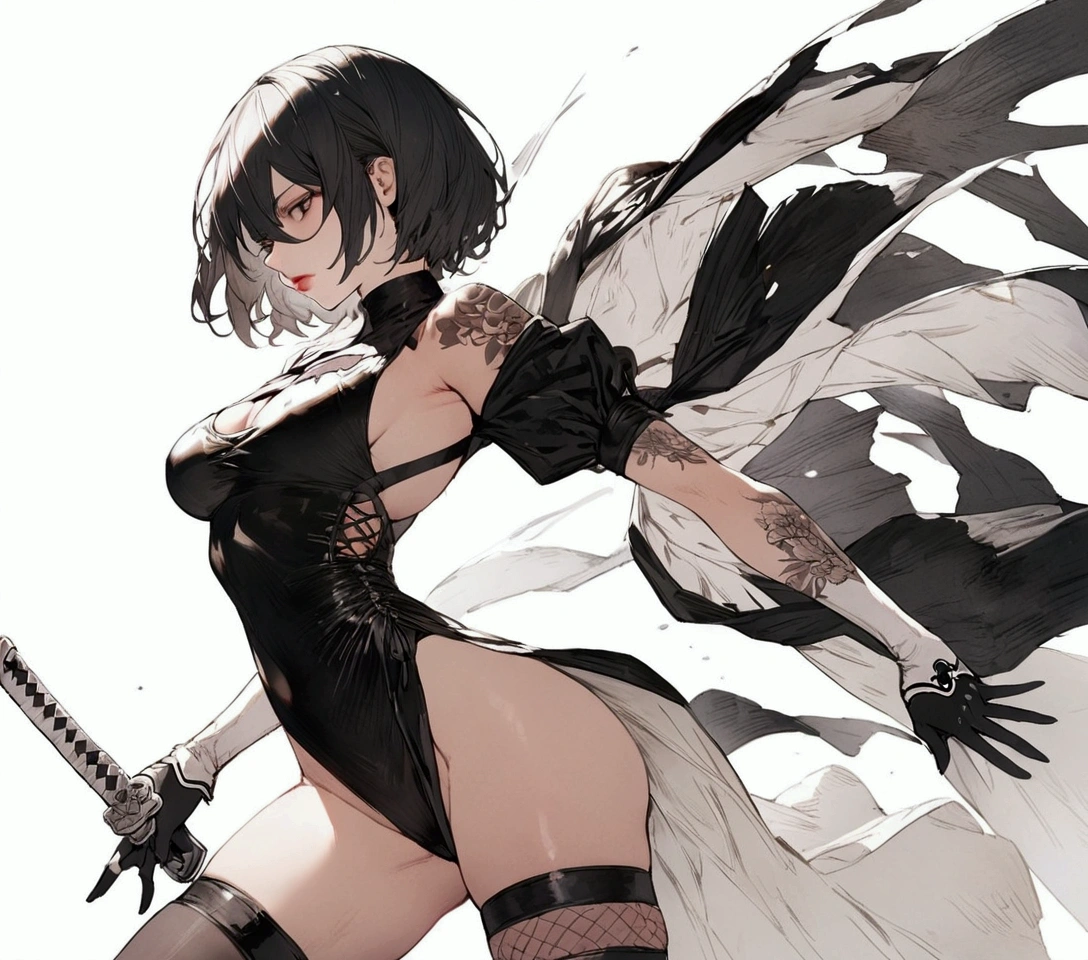 Best Quality, 2B Nier Automata, a mini braga, yakuza tattoos, blading the katana