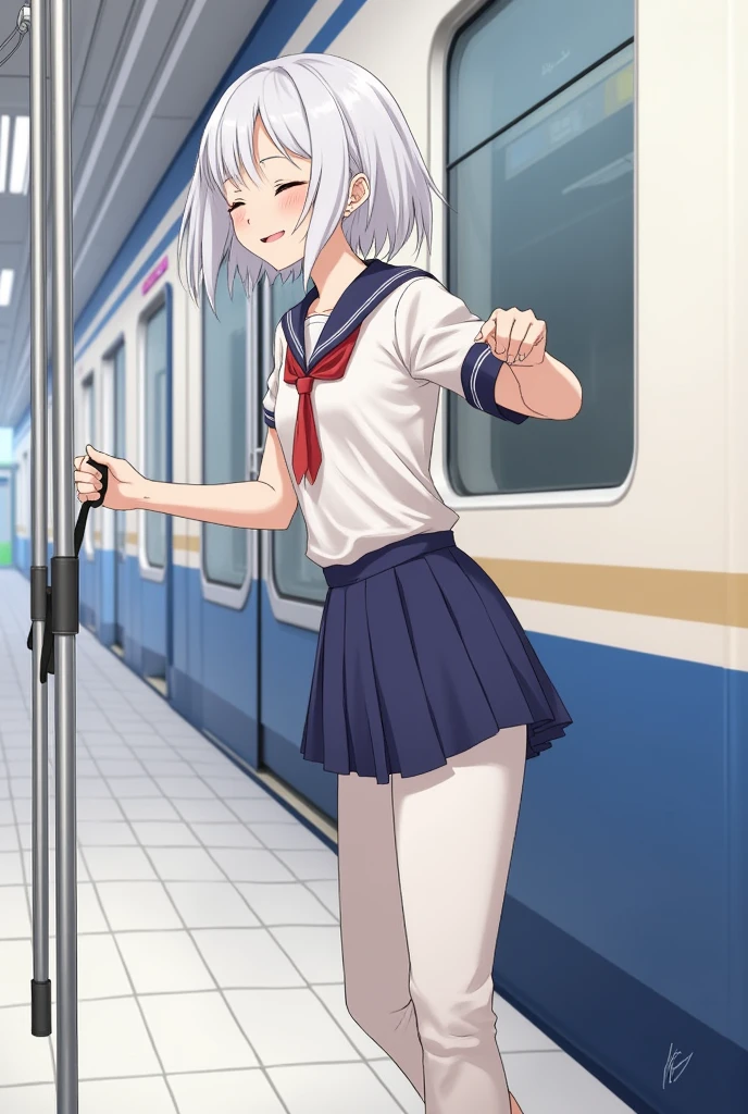 Short hair, mostly white。
She is around 14 years old and has a normal build.。Height 150cm, smiling face with eyes closed、
Dress code: uniform。The uniform ribbon is red。
The place is by train、Grabbing the strap。
The angle is from below、
With your legs open、I see white pants。