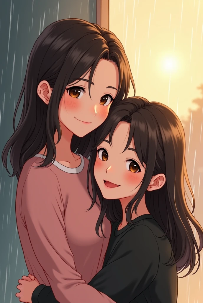 Draw a picture of a tall girl, white, medium brown hair with a rainy background (while she smiles) hugging a girl a little shorter than her, Chinesa, medium-long straight black hair, with a sunny background. The clothes of the sunny background are black and the clothes of the rainy background are pink.. Both of their eyes are dark brown.