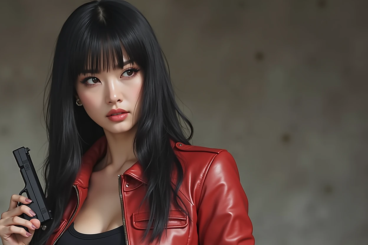 /imagine a realistic photo of a Korean secret agent, a beautiful Korean woman, ((long straight black hair with bangs)), she wears red leather clothes, a short red leather jacket, underneath a black crop top, tight red leather pants, women's tactical boots with heels, she uses black eyeliner to accentuate her eyes, her eyes are very slanted, she must be holding a pistol in one hand, she is standing in an action pose, ((she has a cold, serious and threatening look)), ((she has a well-defined body, a body with beautiful curves, a thin waist, thick thighs and a round butt))