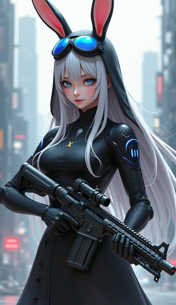 An awe-inspiring, photorealistic illustration of a stunningly beautiful yet deadly humanoid bunny warrior nun. She wears a sleek, high-tech combat armor adorned with intricate details and carries a menacing assault rifle. A pair of goggles rest on her head, ready to be worn for intense combat. The overall atmosphere of the image is a perfect blend of anime and futuristic warfare, with a touch of surrealism, as the bunny-human hybrid defies conventional expectations., illustration, anime