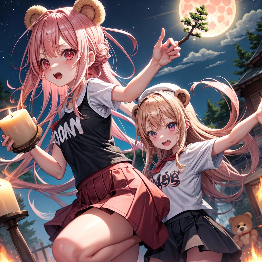 Pink Blonde、Red eyes、Hair tied up、One cute girl、solo、And soul、Checked mini skirt、black t-shirts、one piece、bear ears baseball cap、large tree、Thundercloud、Burning Full Moon、The tree is dead、Candle、Iron ore piles up、Teeth are visible、Fortress City、Tilting face、Starry Sky、A teddy bear is jumping