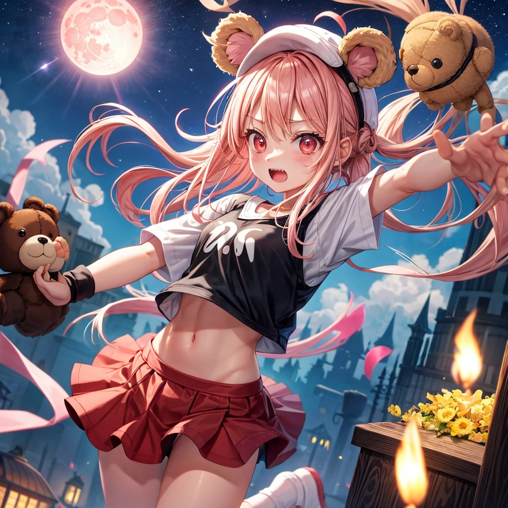 Pink Blonde、Red eyes、Hair tied up、One cute girl、solo、And soul、Checked mini skirt、black t-shirts、one piece、bear ears baseball cap、large tree、Thundercloud、Burning Full Moon、The tree is dead、Candle、Iron ore piles up、Teeth are visible、Fortress City、Tilting face、Starry Sky、A teddy bear is jumping
