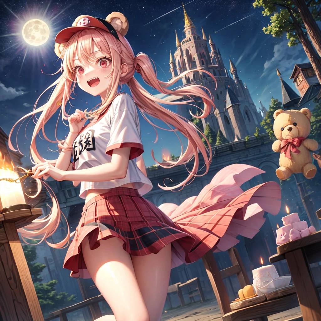 Pink Blonde、Red eyes、Hair tied up、One cute girl、solo、And soul、Checked mini skirt、black t-shirts、one piece、bear ears baseball cap、large tree、Thundercloud、Burning Full Moon、The tree is dead、Candle、Iron ore piles up、Teeth are visible、Fortress City、Tilting face、Starry Sky、A teddy bear is jumping