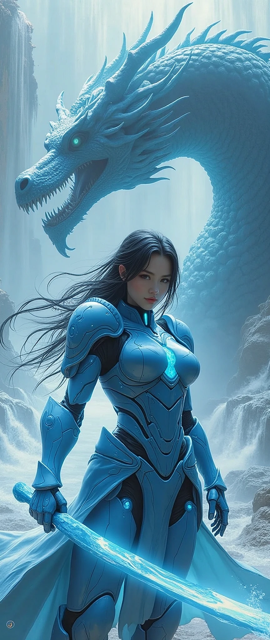 (masterpiece:1.2, Highest quality,High resolution,Super detailed),8k,wallpaper,(Very detailed),(Armored Core Style),Woman in ninja robot armor,Black Hair,Random Hairstyles,(Water Ninja),(Light blue body),(Detailed face:1.3),(Detailed body:1.3),((Cowboy Shot)),(The background is a huge water dragon and waterfall that has been summoned.:2.0),Hair blowing in the wind,cyber punk,(dynamic),(Preparing for battle,Store a ball of water energy in your palm.:2.0,The electronic parts of the armor glow.:1.6),(Detailed hands:1.6),(Flashy special move effects:2.0)