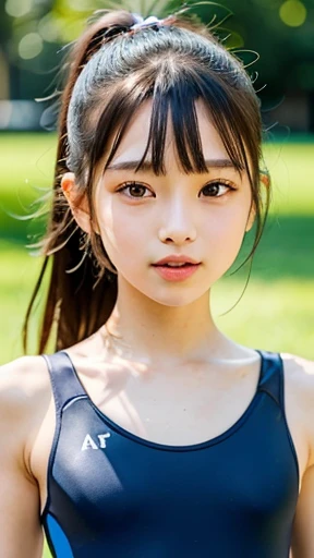 ((SFW:1.6)),(masterpiece, Highest quality:1.2), 8k, absurdes, (Upper Body:1.2), violet, Gardenia, beautiful girl, (Pretty face, Detailed face:1.2), Small breasts、 View your audience, Film Grain, chromatic aberration, Sharp focus, High resolution, Face Light,Small breasts、NUD、,japanese idol girl,competitionswimsuit,(((Dark blue competitive swimsuit))),((smallface:1.3)),narroweyes,striaght high single ponytail hair, blunt bangs,smallbody