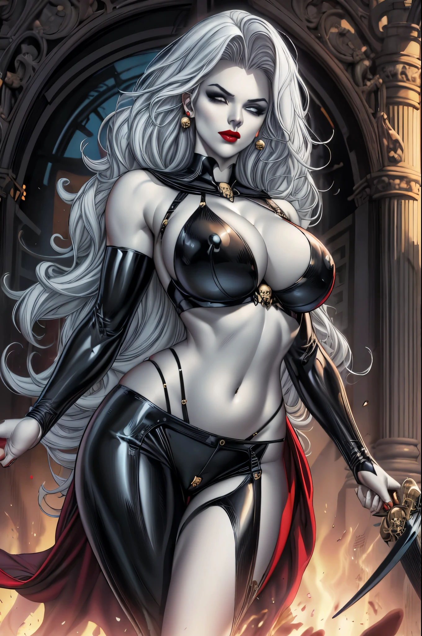 CARTOON_lady_death_bikini, blank_eyes,long hair,breasts,white hair,makeup,colored skin,navel,lipstick,large breasts,wavy hair,white skin,lips,curly hair,red lips,very long hair,toned, narrow_waist, curvy,pale skin,cleavage,jewelry,earrings,gloves,piercing,elbow gloves,armor,long pants,collar,black jacket, sleeveless jacket, red pants,skull earrings, official art,extremely detailed CG unity 8k wallpaper, perfect lighting,Colorful, Bright_Front_face_Lighting,shiny skin, (masterpiece:1.0),(best_quality:1.0), ultra high res,4K,ultra-detailed, photography, 8K, HDR, highres, (absurdres:1.2), Outfit Casual, Beach Casual, (bokeh:1.2), lens flare, (vibrant_color:1.2), (beautiful_face:1.5),