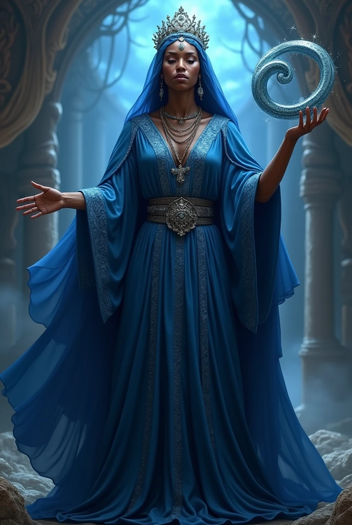Orisha woman dressed in dark blue with a shiny spiral in her hand, small crown...